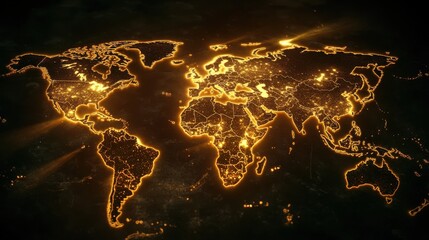 Detailed Illuminated World Map with Golden Lights and Dark Background