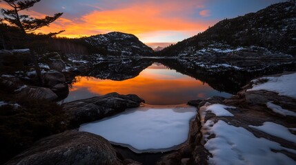 Spectacular Sunset Over a Mountain Lake in Winter