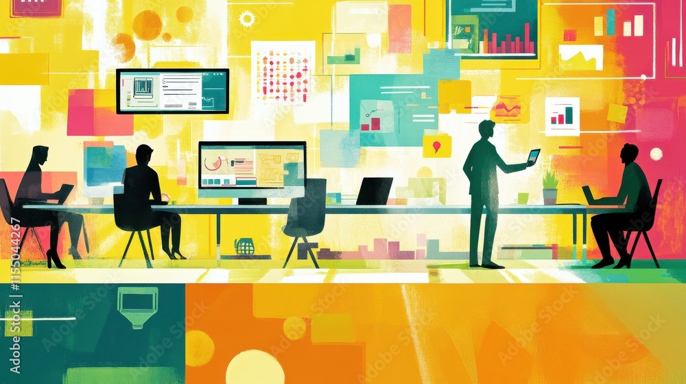 Poster modern office setting with data visualization and collaboration tools