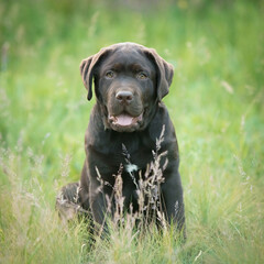 Portrait of a chocolate labrador retriever in the grass
