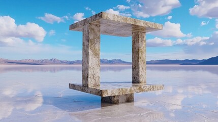Minimalist Architectural Reflection in Tranquil Desert Lake Landscape