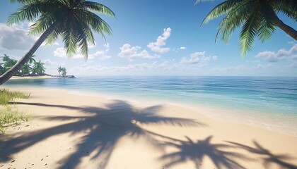 Vivid coconut palm shadows falling across the sunlit beach with clear skies