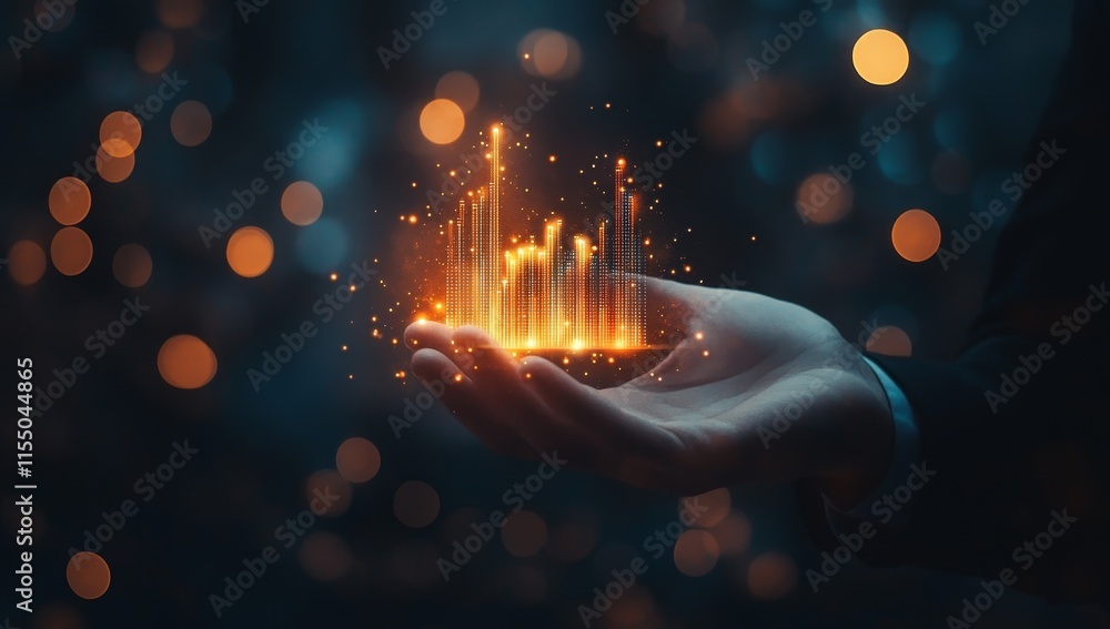 Poster glowing data graph in hand, digital transformation concept.