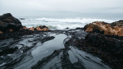 Obraz premium Ocean Waves Crashing on Rocky Shores Under Overcast Skies