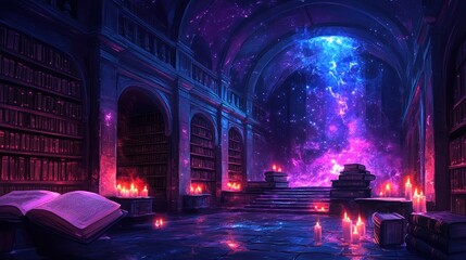 A mystical library illuminated by candles, featuring cosmic elements and ancient books.