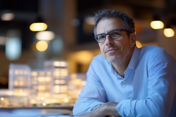 Fototapeta premium Thoughtful architect reviewing building model at night.