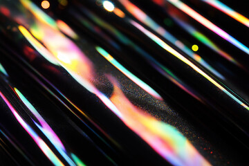 Black background with colorful lights, light beams, blurry cinematic sparkling in the air, glitchcore, glow iridescence bokeh sparkles. Festive light leak overlay