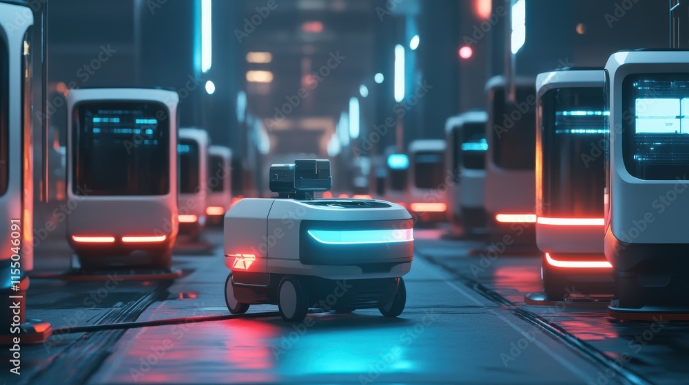 Poster automated delivery robot in futuristic warehouse environment