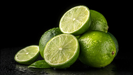 Fresh Limes and Lime Halves on Dark Background