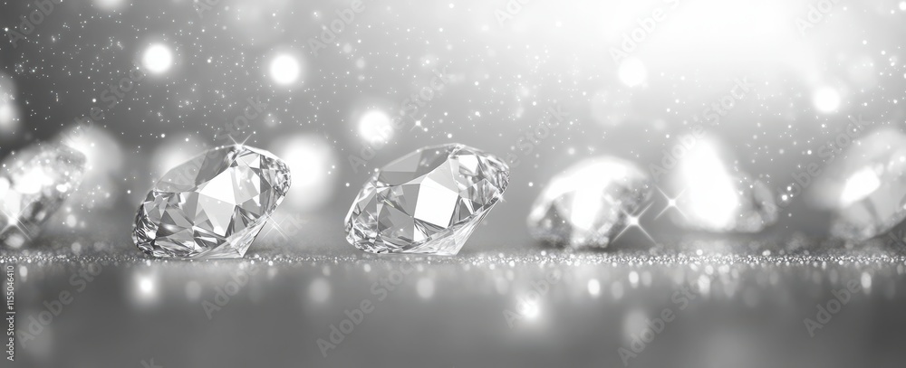 Poster sparkling diamonds on a glittering surface in a bokeh background with soft light highlights creating
