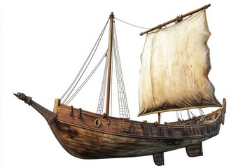 Ancient wooden sailing ship with single sail, isolated on white background.