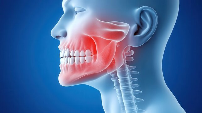 3D medical illustration showing a human head in profile with highlighted jaw pain and teeth anatomy