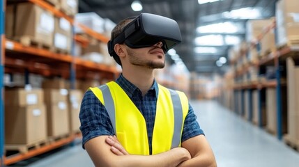 Worker in a high-visibility vest using VR headset in a warehouse, engaging in virtual training or logistics management