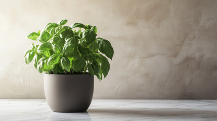 Lush basil plant in pot on a marble table in a modern contemporary interior, indoor plant, nature friendly house