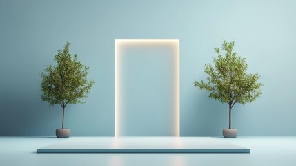 Obraz premium A modern minimalist archway with green trees on a blue backdrop.