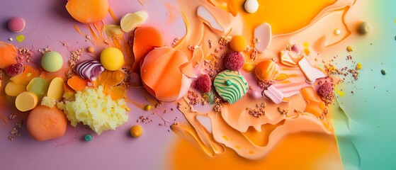 Vibrant abstract food art. Colorful candies, fruits, and sweets arranged on a dynamic background. Perfect for food blogs, packaging, or creative projects.