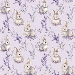 Spring seamless pattern watercolor of rabbits and lavender gentle nature scene artistic design