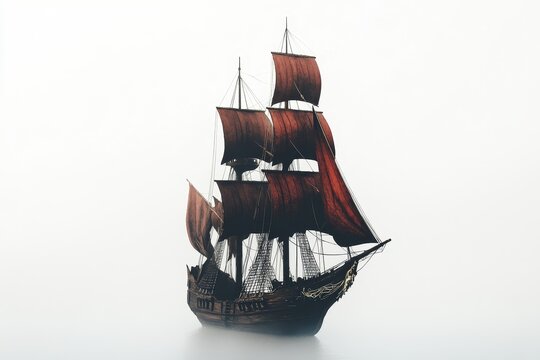Antique sailing ship with red sails in fog, isolated on white. - Powered by Adobe