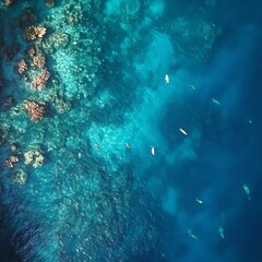 Fototapeta premium Aerial view of turquoise ocean water with rocky shoreline and several small boats. Calm sea, vibrant colors, summer vacation.