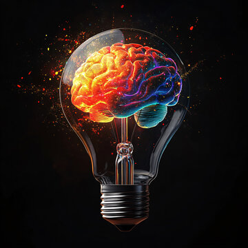 Creative concept light bulb explodes with colorful water colors on a light blue background. Think different, creative idea. Productivity and creativity
