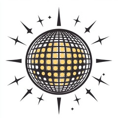 Stylized disco ball graphic design, surrounded by radiating stars.
