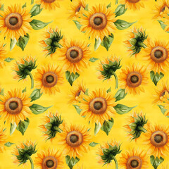 Spring seamless watercolor pattern of sunflowers in vibrant yellow nature close-up decorative design