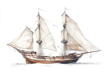 Watercolor painting of a historic sailing ship with full sails, isolated on white background.