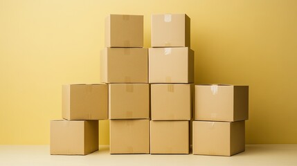 Obraz premium Stacked Brown Boxes on Yellow Background in a Minimalist Style