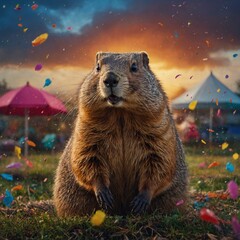 A vibrant, cartoon-style depiction of a groundhog surrounded by colorful weather symbols.