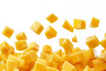 Fresh juicy mango cubes falling on white background.
