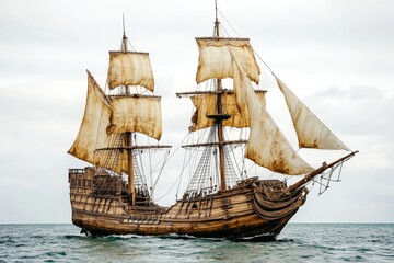 A majestic galleon sails on a calm sea under a cloudy sky.