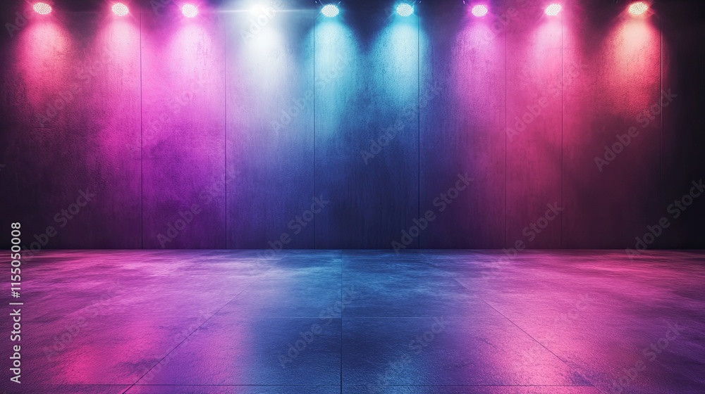 Poster colorful stage lighting with soft glow in empty performance space