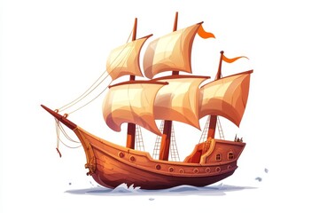 A classic wooden sailing ship with three masts and billowing sails, afloat on calm water.