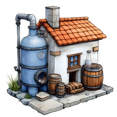 Naklejka premium A charming, hand-drawn illustration of a small, stylized distillery.