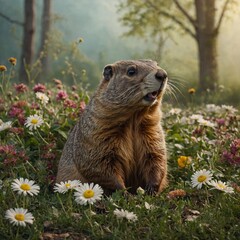 Fototapeta premium A groundhog made of flowers and leaves, blending seamlessly into a springtime landscape.