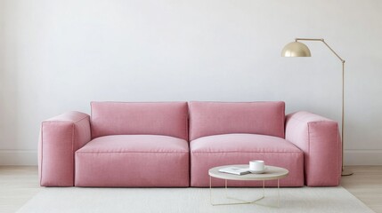 Pink velvet sofa in minimalist living room.