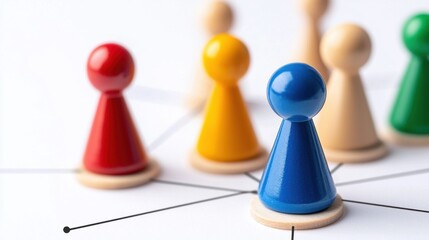 Obraz premium Multicolored Wooden Game Pieces Arranged in Strategic Formation on Board Game Setup