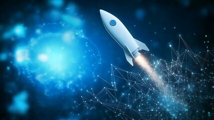 Startup and new project concept showing rocket flying up on futuristic dark blue background