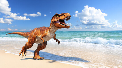 Naklejka premium dinosaur running on sandy beach under bright blue sky, evoking sense of adventure and wonder