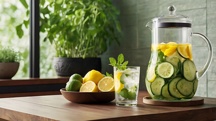 Refreshing Summer Infused Water With Lemon, Lime, Cucumber, and Mint.