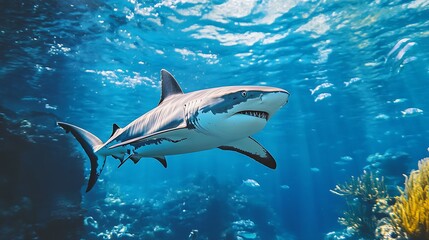 Fototapeta premium Powerful Shark in Ocean. Marine Wildlife, Underwater, Predator