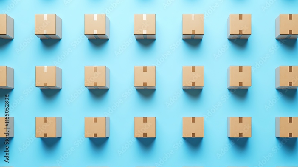 Poster cardboard boxes arranged on a blue background in a neat pattern