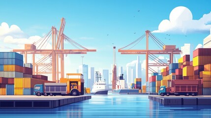 Colorful Cargo Port Scene with Trucks and Cranes in Bright Daylight