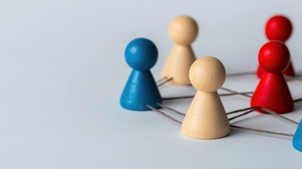 Obraz premium Wooden Figurines on a Minimalist Background Representing Teamwork Strategy and Leadership