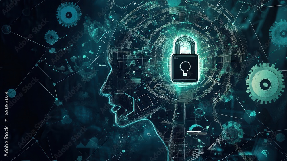Aufkleber digital brain with lock symbol representing cyber security concept
