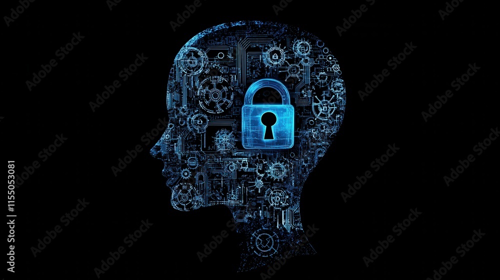 Poster digital brain with lock symbol representing data security concept