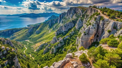 Rugged landscape in Biokovo Nature Park, Croatia with steep cliffs, rocky terrain, and lush greenery