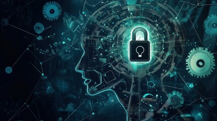 Digital Brain with Lock Symbol Representing Cyber Security Concept