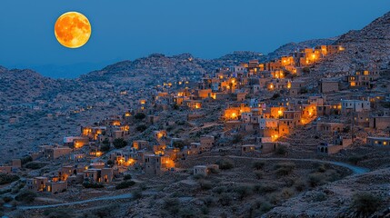 A serene village illuminated at dusk with a large moon in the sky.