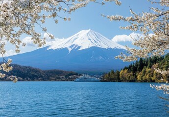 Fototapeta premium Stunning view of Mount Fuji with cherry blossoms framing a serene lake and clear blue sky, capturing the essence of spring in Japan's breathtaking landscape